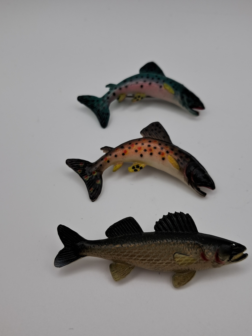 Vtg Fish Brooch Pin Lot (3) Trout Walleye Painted Resin Plastic Angler Jewelry